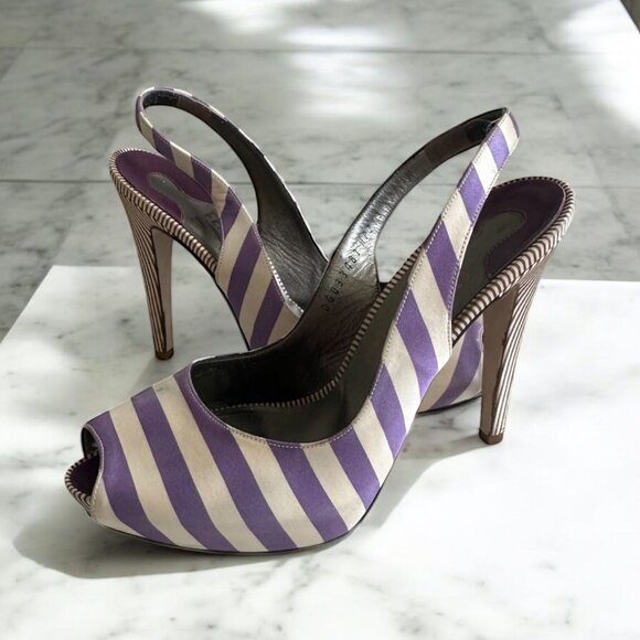 SALVATORE FERRAGAMO Purple White Striped Slingback Heels Size 7 - Picture 4 of 14